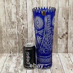 Vintage TARNOW Cobalt Blue Cut To Clear Bohemian Czech Crystal 12 Tall Vase