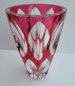 Vintage Val St Lambert Cut to Clear Crystal Cranberry Vase SIGNED 8 Belgium