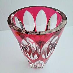 Vintage Val St Lambert Cut to Clear Crystal Cranberry Vase SIGNED 8 Belgium