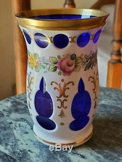 Vintage White Blue Cut to Cobalt Crystal Hand Painted Bohemian Glass Small Vase