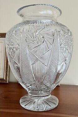 Vintage Yasemin Brilliant Cut Glass Footed Floral Vase Turkey Very Sharp 17x12