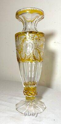 Vintage handmade yellow Czech cut to clear crystal glass tall ornate flower vase