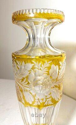 Vintage handmade yellow Czech cut to clear crystal glass tall ornate flower vase