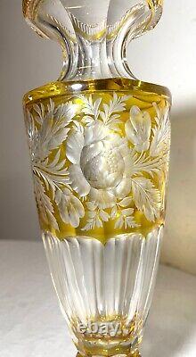 Vintage handmade yellow Czech cut to clear crystal glass tall ornate flower vase