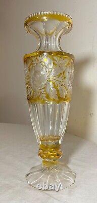 Vintage handmade yellow Czech cut to clear crystal glass tall ornate flower vase