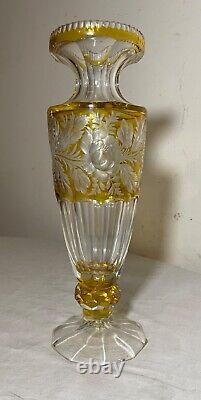 Vintage handmade yellow Czech cut to clear crystal glass tall ornate flower vase