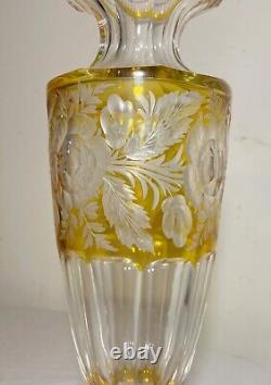 Vintage handmade yellow Czech cut to clear crystal glass tall ornate flower vase