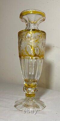 Vintage handmade yellow Czech cut to clear crystal glass tall ornate flower vase