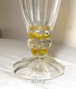 Vintage handmade yellow Czech cut to clear crystal glass tall ornate flower vase