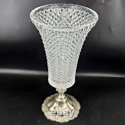Vintage silver plated floral base diamond cut glass heavy ornate vase, 12