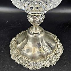 Vintage silver plated floral base diamond cut glass heavy ornate vase, 12