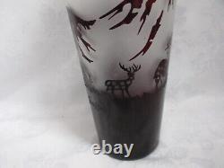 Vtg 11 Ruby Red Vase Cut To Frosted Glass Deer, Trees, Mountain, Signed GAZZE