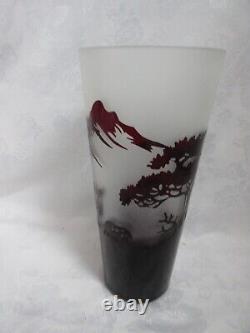 Vtg 11 Ruby Red Vase Cut To Frosted Glass Deer, Trees, Mountain, Signed GAZZE