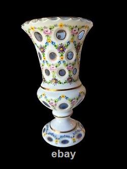 Vtg 9 Bohemian Czech Cased Vase White Cut to Colbolt Blue Handpainted Floral 2