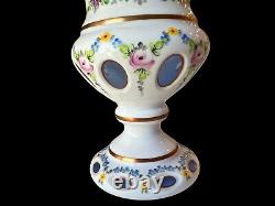 Vtg 9 Bohemian Czech Cased Vase White Cut to Colbolt Blue Handpainted Floral 2