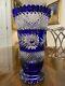 Vtg Bavarian Cobalt Blue Cut To Clear Heavy Crystal Vase Intaglio Flowers