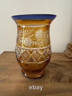 Vtg Blue & Yellow Cut Thick Glass Vase-Unmarked-6.25T