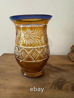 Vtg Blue & Yellow Cut Thick Glass Vase-Unmarked-6.25T