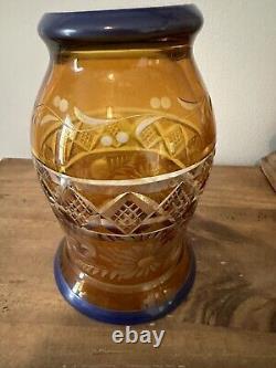 Vtg Blue & Yellow Cut Thick Glass Vase-Unmarked-6.25T