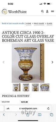 Vtg Blue & Yellow Cut Thick Glass Vase-Unmarked-6.25T