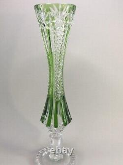 Vtg Bohemian Czech Crystal Cut To Clear Green Zippered Etched Pedestal Vase