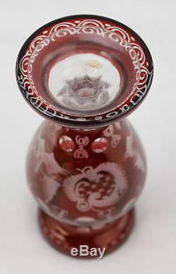Vtg Bohemian Egerman Ruby Red Cut to Clear Etched Glass Bird / Castle Vase L1A
