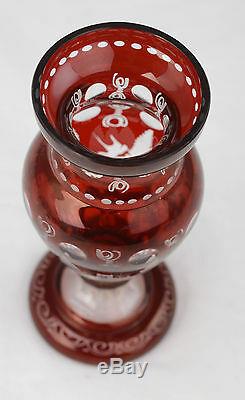 Vtg Bohemian Egerman Ruby Red Cut to Clear Etched Glass Bird / Castle Vase L1A