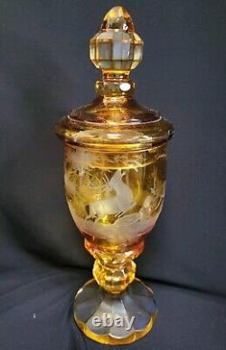 Vtg Cut to Clear Amber Czech Bohemian Lidded Jar Moser Karl Palda. Beautiful