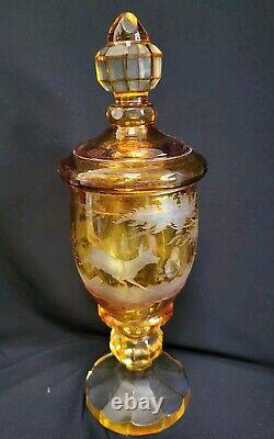 Vtg Cut to Clear Amber Czech Bohemian Lidded Jar Moser Karl Palda. Beautiful