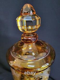 Vtg Cut to Clear Amber Czech Bohemian Lidded Jar Moser Karl Palda. Beautiful