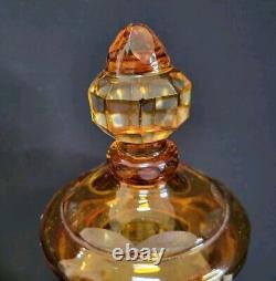 Vtg Cut to Clear Amber Czech Bohemian Lidded Jar Moser Karl Palda. Beautiful