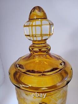 Vtg Cut to Clear Amber Czech Bohemian Lidded Jar Moser Karl Palda. Beautiful