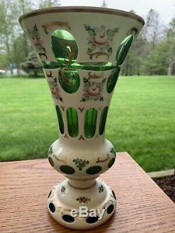 Vtg. Czech Bohemian Vase Glass Enamel Hand Painted White Cut to Green 10 Tall