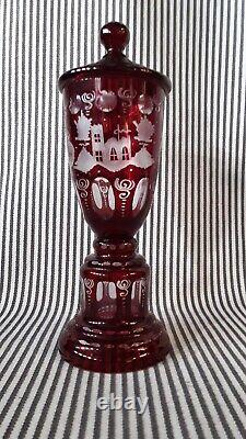 Vtg Egermann Bohemian Pedestal Castle Ruby Red Cut Clear Glass Vase Faceted LID