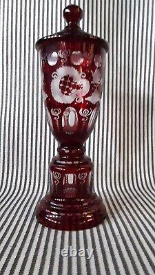 Vtg Egermann Bohemian Pedestal Castle Ruby Red Cut Clear Glass Vase Faceted LID