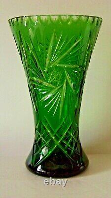 Vtg. Emerald Green Czech Bohemian Cut to Clear Large Cut Glass Vase 12 1/4 x 7