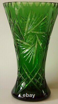 Vtg. Emerald Green Czech Bohemian Cut to Clear Large Cut Glass Vase 12 1/4 x 7