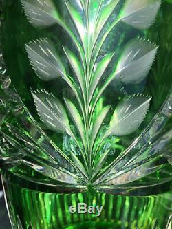 Vtg Green Czech Bohemian Clear to Cut Rose & Star Desgn Sawtooth Rim 9.75 Vase