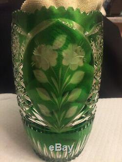 Vtg Green Czech Bohemian Clear to Cut Rose & Star Desgn Sawtooth Rim 9.75 Vase