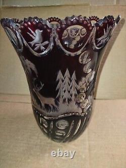 Vtg. Heavy Ruby Red Hand Cut To Clear Glass Vase Egermann Czech Forest Scene