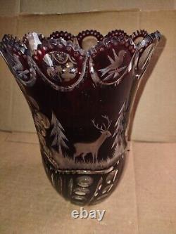 Vtg. Heavy Ruby Red Hand Cut To Clear Glass Vase Egermann Czech Forest Scene