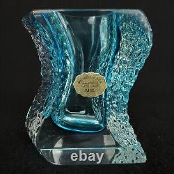 Vtg MOLERIA 83 Murano Glass Turquoise Cased Cut & Textured Ice Bark Vase 4-5/8