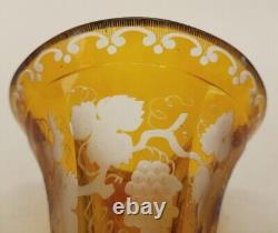WOW! Bohemian Amber Cut to Clear Etched Trumpet Crystal 12 Vase Leaves Grapes