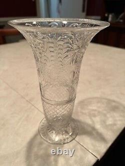 Webb Corbett Cut Glass Pedestal Vase-Engraved Floral Garland Design 9.25 Tall