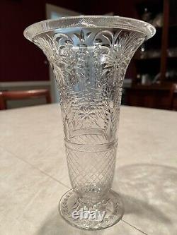 Webb Corbett Cut Glass Pedestal Vase-Engraved Floral Garland Design 9.25 Tall