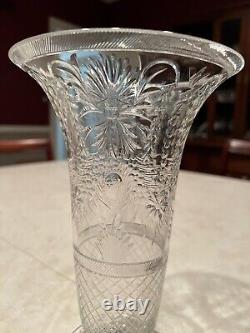 Webb Corbett Cut Glass Pedestal Vase-Engraved Floral Garland Design 9.25 Tall