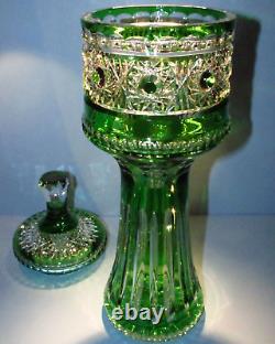 XL 17 BOHEMIA GREEN CRYSTAL Pedestal Jar Lid Urn Vase Hand Cut to Clear Czech