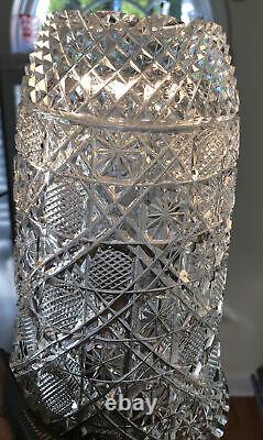 Yasemin Cut Glass Crystal Vase 9.5 Tall Large Vintage Signed Vase